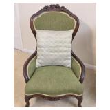 Vintage Olive Green Victorian Wood Carved Chair