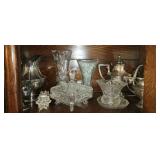 Shelf lot of crystal silver plate and more