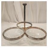 Glass and silver plated 3 bowl condiment server