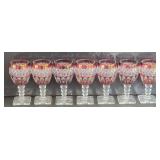Set of 7 Cranberry Cut Crystal Stemmed Glasses