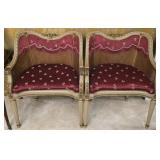 Pair of Maroon Louis XV Style French Caned Settees