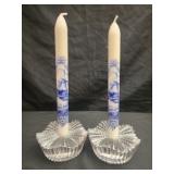 2 Crystal candle holders with 2 Holland candles