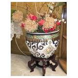Large Heavy Ceramic Planter & Wood Stand