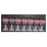 Set of 7 Cranberry Cut Crystal Stemmed Glasses