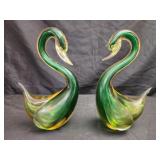 Pair of green and yellow art glass swans