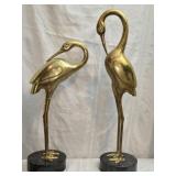 Pair of Brass Crane Bird Statues with Marble Base