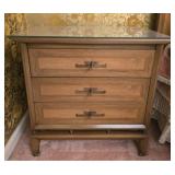 PAIR of glass top wood 3 drawer night stands