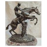 Bronze Jumping Horse & Jockey Statue w Marble Base