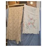 Lot of 2 vintage table cloths lace & hand stitched