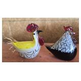 Blown art glass rooster and chicken