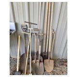 Lot of Shovels Sledgehammer Pole Diggers Etc