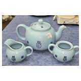 3 pc Blue Ceramic Tea Pot & Cream & Sugar