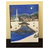 Painting on canvas of snowy night