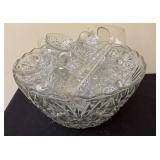 Large glass punchbowl with cups and ladle