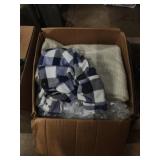 Box lot of misc clothes blankets and more