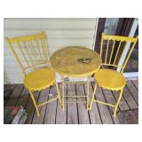 Set of 3 yellow metal outdoor chairs and table