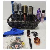 Basket of brushes hair sprays (used) & clips
