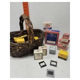 Basket full of Vintage slides and binders