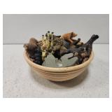 Wooden bowl with misc decorative animals