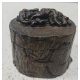 round teakwood jewelry box w a carved elephant