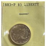 1883 P $5 gold liberty coin