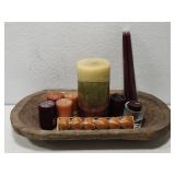 Wooden tray with assorted candles