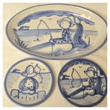 M A Hadley Hand Painted Platter & Plates