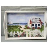 vintage wooden serving tray with a ceramic tile