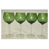 Set of 4  Emerald Green Etched Grape Wine Glasses
