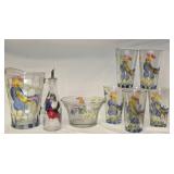 9 pc Hand Painted Rooster Pitcher Glasses Bowl Etc
