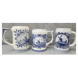 3 vintage hand painted ceramic beer steins