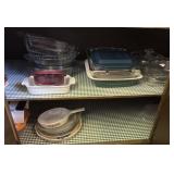 Large cabinet lot of glass casserole dishes &more