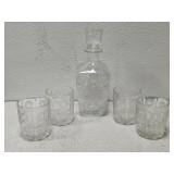 Etched Glass whiskey Decanter and glasses