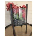 Glass vase w a metal stand & faux flowers