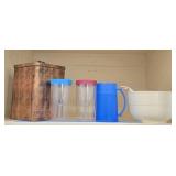 Shelf of Plastic Wine Glasses Mugs Mixing Bowl Etc