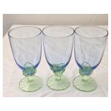 Set of 3 Blue & Green Glass Stemmed Glasses