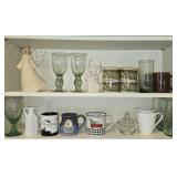 Lot of 2 Shelves of Coffee Mugs & Glasses & More