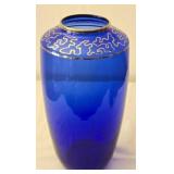 Large Cobalt Blue Glass Vase with Gold Rim