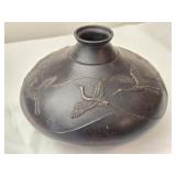 Heavy Metal Asian Style Vase with Crane Birds