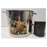 Large boiling pot and vintage flour sifter