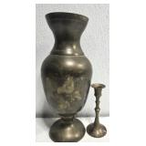 Lot of 2 Brass Candlestick Holder & Vase