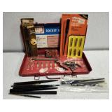 Red tin w Calligraphy pen tips & more