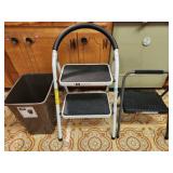 Lot of step stools and small garbage can