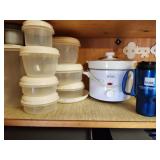 Shelf lot of containers & Rival crock pot
