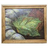 Framed raised oil on board painting of a leaf