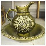 1968 green ceramic pitcher and bowl