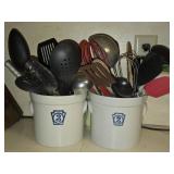 Pottery Crocks Cannisters with Kitchen Utensils
