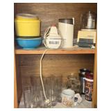 Cabinet Lot of Misc Glasses Processors Mixer Etc