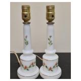 Pair of vintage milk glass hand painted lamps