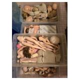 4 totes full of vintage doll parts